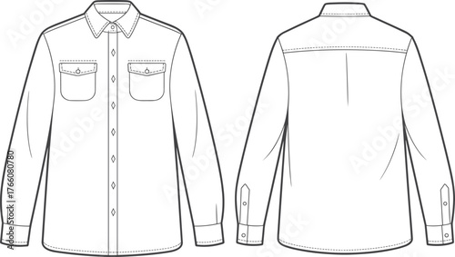 Long sleeve shirt technical flat, front and back view, button-up design, chest pockets, pleat detail, fashion sketch, garment construction