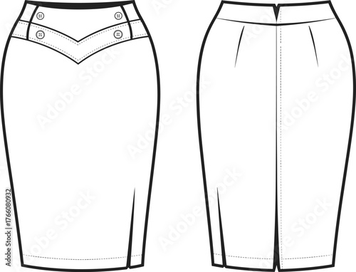 Pencil skirt sketch, technical fashion illustration, front and back view, V-shaped yoke, decorative buttons, fitted silhouette, garment construction
