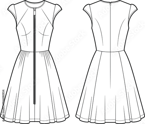 Pleated dress sketch, technical fashion illustration, front and back view, princess seams, cap sleeves, visible zipper, garment construction