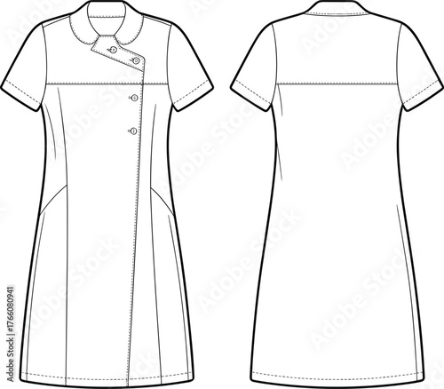 Short sleeve dress technical flat, front and back view, asymmetrical button closure, princess seams, rounded collar, fashion sketch, garment construction