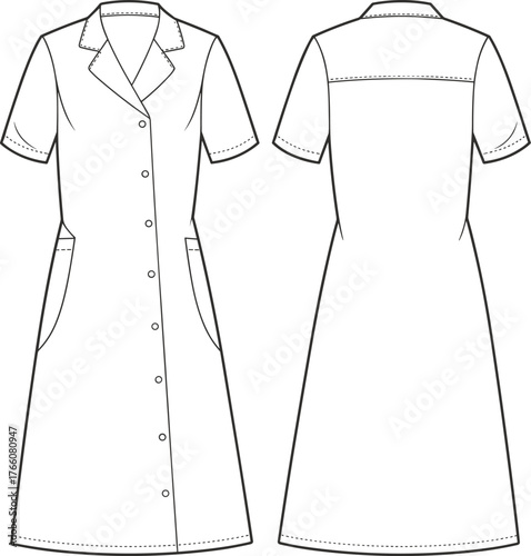 Short sleeve dress technical flat, front and back view, notched collar, button-down closure, side pockets, fashion sketch, garment construction