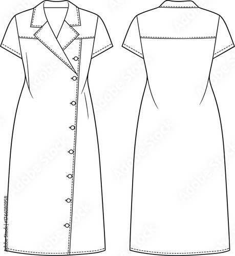 Short sleeve dress technical flat, front and back view, notched collar, button-down design, fashion sketch, garment construction, vector illustration