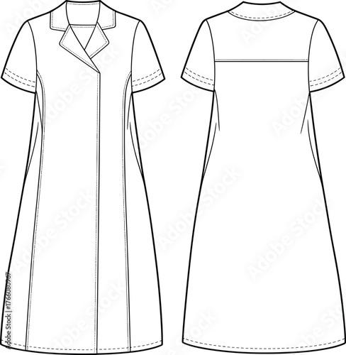 Short sleeve dress technical flat, front and back view, notched collar, tailored seams, fashion sketch, garment construction, vector illustration