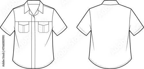 Short sleeve shirt technical flat, front and back view, button-up design, chest pockets, curved hem, fashion sketch, garment construction