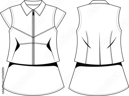 Sleeveless top and skirt technical flat, front and back view, angular seams, black panels, zipper closure, fashion sketch, garment construction