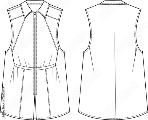 Sleeveless top technical flat, front and back view, pointed collar, center zipper, princess seams, fashion sketch, garment construction, vector illustration