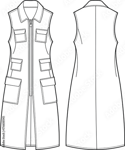 Sleeveless utility dress technical flat, front and back view, patch pockets, center zipper, collared neckline, fashion sketch, garment construction