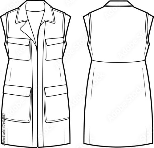 Sleeveless utility vest technical flat, front and back view, flap pockets, notched lapel collar, fashion sketch, garment construction, vector illustration