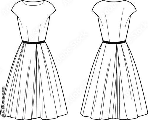 Technical fashion illustration, elegant dress sketch, front and back view, pleated skirt, cap sleeve, round neck, garment construction