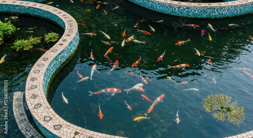 A vibrant koi pond with colorful fish swims within a mosaic-tiled, curved structure. Water lilies and plants add natural beauty