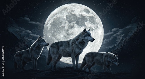 Three wolves in silhouette, stand against a full moon in a night landscape with clouds and mountains