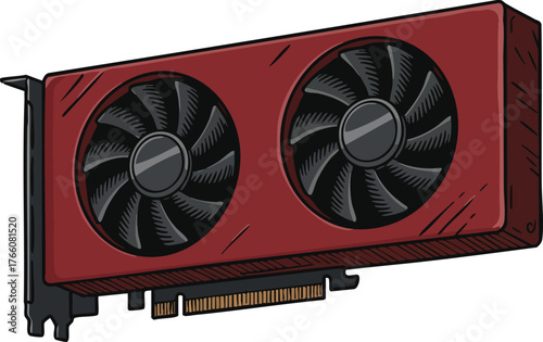Graphics card with dual fans red cooling system technology computer hardware vector illustration
