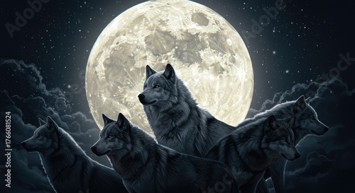 A pack of grey wolves gathers under a massive, glowing moon and wispy clouds, eyes gleaming with an eerie light
