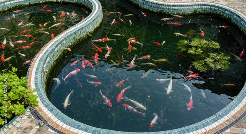 A dual-basin pond brimming with colorful koi, nestled within a tiled border. Lush greenery peeks through the water