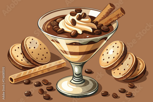 American style tiramisu
The American version of tiramisu with ladyfinger biscuits, coffee and mascarpone cream. Decorated with cocoa powder and chocolate chips. Attractive idea: serve in a martini gla