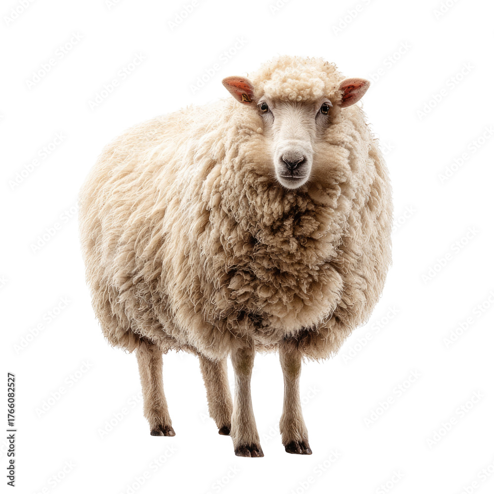 Obraz premium A fluffy white domestic sheep stands centered, full body, facing forward. Thick wool, gentle eyes. Isolated on transparent background. background removed