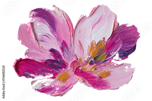 Abstract impasto flower petals in vibrant pinks, purples, and gold, showcasing thick textured brushstrokes on a transparent background, digitally extracted. background removed
