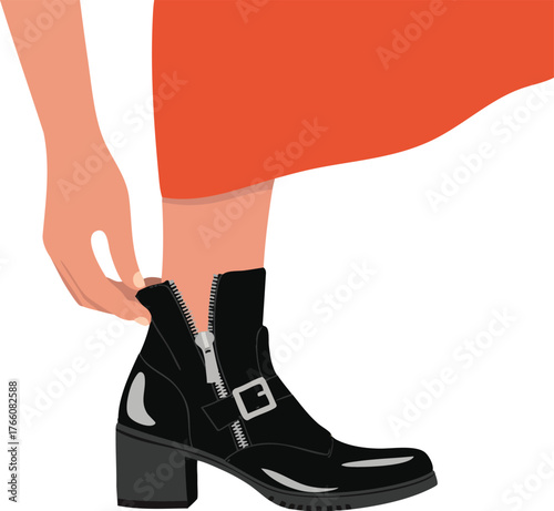 Woman putting on black leather ankle boots with zipper and buckle stylish fashion footwear illustration