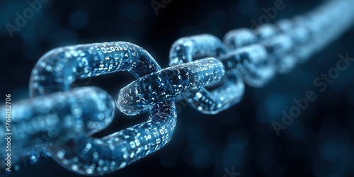 close-up of a blue digital chain on a background with binary code, symbolizing the security and sharing nature of blockchain technology Generative AI