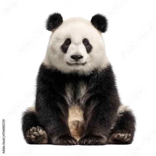 Adorable giant panda sits peacefully, front-facing, with black and white fur, isolated on a solid transparent background, looking at camera. background removed