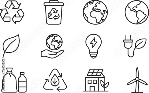 Ecology and sustainability line icons — renewable energy, recycling, and environmental care