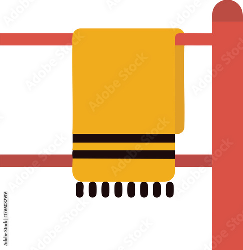 Yellow towel hanging on red towel rack vector illustration for home bathroom design and interior decoration