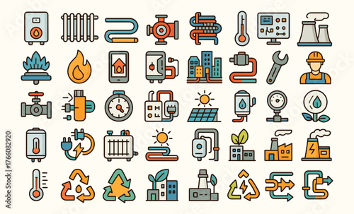 Energy and heating industry icons — boiler, radiator, solar power, factory, and recycling concept