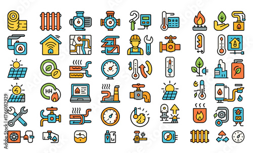 Heating and plumbing colored icons set — boiler, solar energy, radiator, and HVAC equipment
