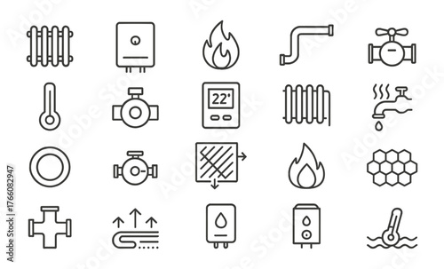 Heating and plumbing line icons set — gas boiler, radiator, thermostat, water system