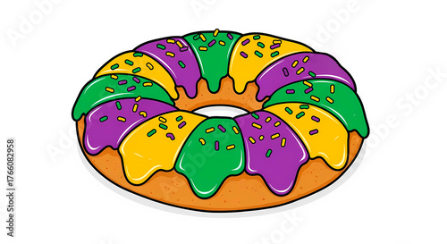 illustration of a traditional Mardi Gras king cake topped with purple, yellow, and green icing and sprinkles. A baby figurine is visible within the cake, symbolizing the celebration