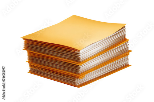 A substantial stack of yellow manila folders, each containing multiple white papers, neatly organized, representing documents, archives, or office files. background removed
