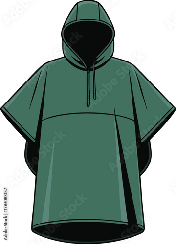 Dark green hooded poncho with short sleeves and front pocket vector design illustration