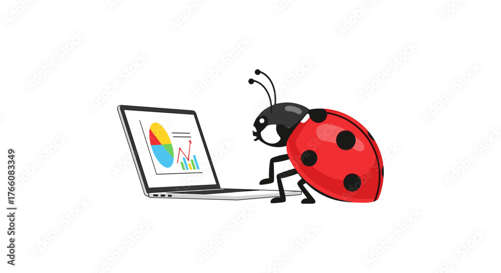 Fototapeta premium Ladybug analyzing graphs on laptop: data analytics concept with insect cartoon art