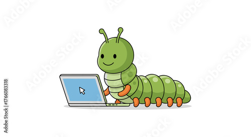 Cute cartoon caterpillar using laptop with antenna in kawaii style animation