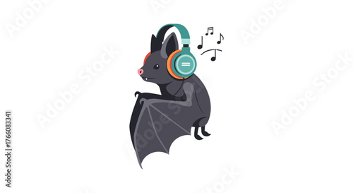 Cartoon bat wearing headphones with music notes: fun animal character