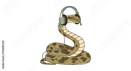 Cartoon snake enjoying music with headphones in fun design