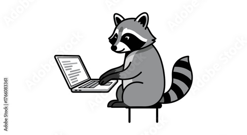 Raccoon cartoon typing on laptop in modern flat design