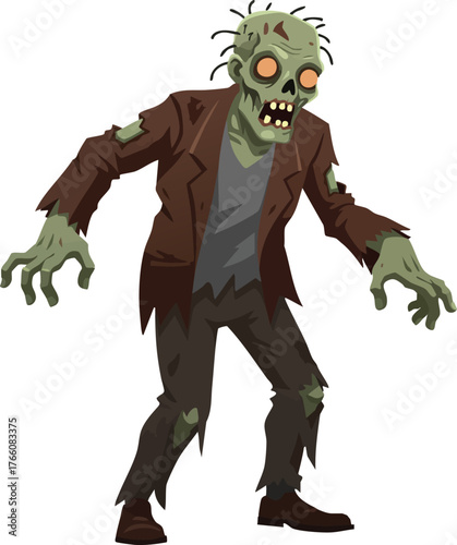Zombie character walking with tattered clothes and decayed skin in horror style vector design