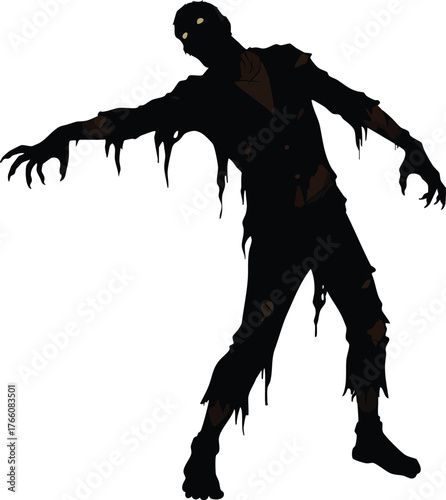 Zombie silhouette with torn clothes and glowing eyes walking in eerie pose vector illustration