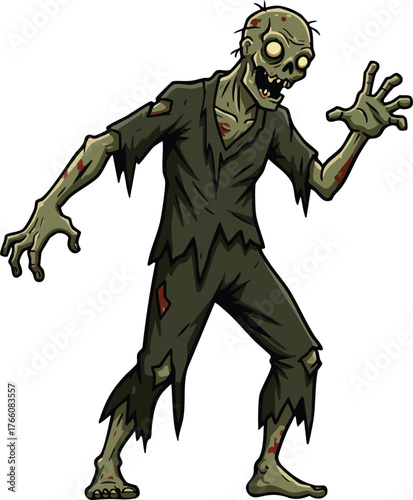 Zombie creature with tattered clothing and menacing pose in vector style for horror and Halloween design