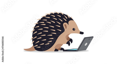 Cute hedgehog using laptop in flat style design