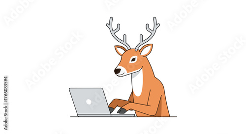Cartoon deer using laptop with antlered business character