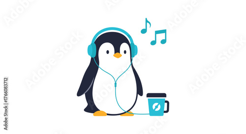 Cute penguin with headphones enjoying music next to coffee cup