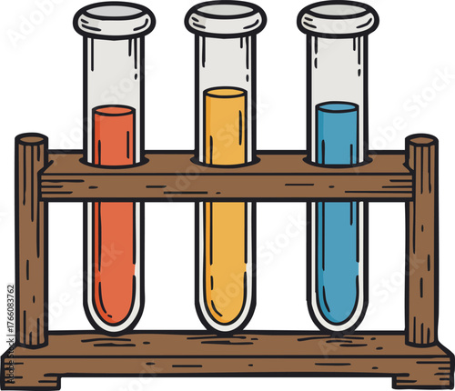 Three test tubes with colorful liquids in wooden rack science laboratory equipment vector illustration