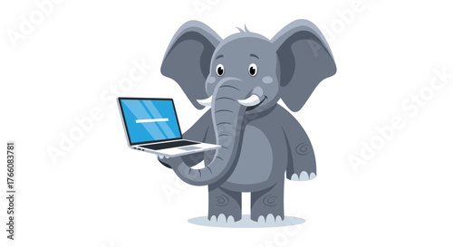 Cartoon elephant holding laptop with trunk in cute digital art style