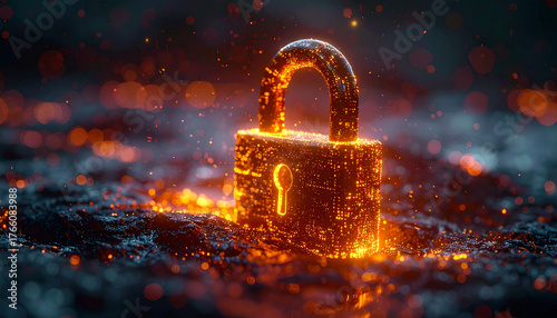 Cyber Security and Protection: A digital padlock, bathed in glowing embers, symbolizing security and protection in a high-tech world, standing for safeguarding vital data and privacy