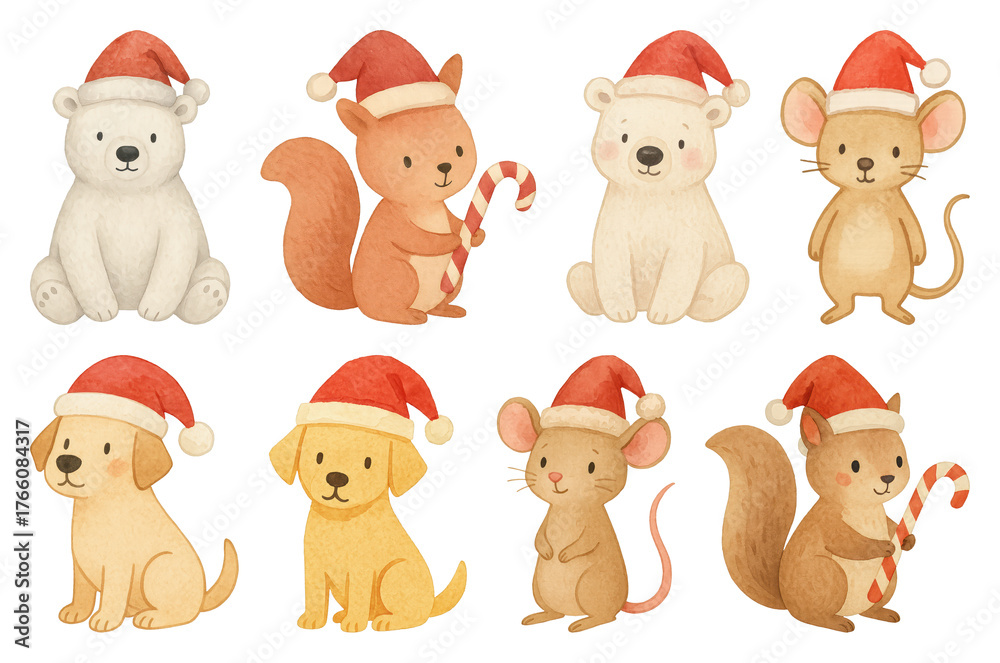 Fototapeta premium PNG Cute animals wearing Santa hats, element set on transparent background