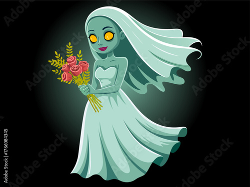 Bride Halloween cartoon character. Dead bride in wedding dress. Scary undead woman in wedding dress, horror art for Halloween, poster, banner, sticker digital design. Spooky decoration Halloween theme
