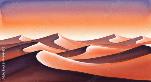 Modern watercolor desert landscape with artistic sand dunes at twilight, featuring abstract forms and warm gradients for a serene and contemplative natural scene