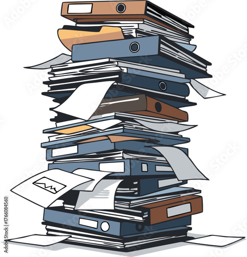 Towering stack of ring binders and scattered papers, an emblematic representation of extensive paperwork, bureaucratic challenges, and professional demands